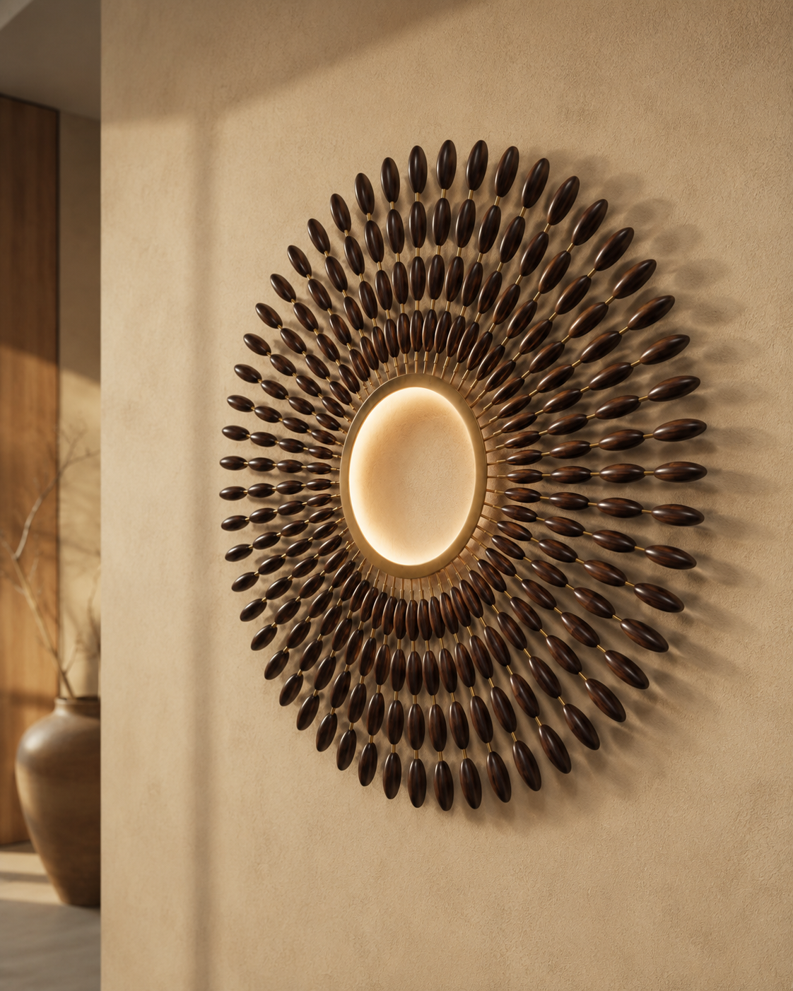 108 Breaths — wall sculpture with lights that slowly turn on and off like breathing in hand-sculpted walnut or teak elements; diffused led lighting, detail of the carved surface