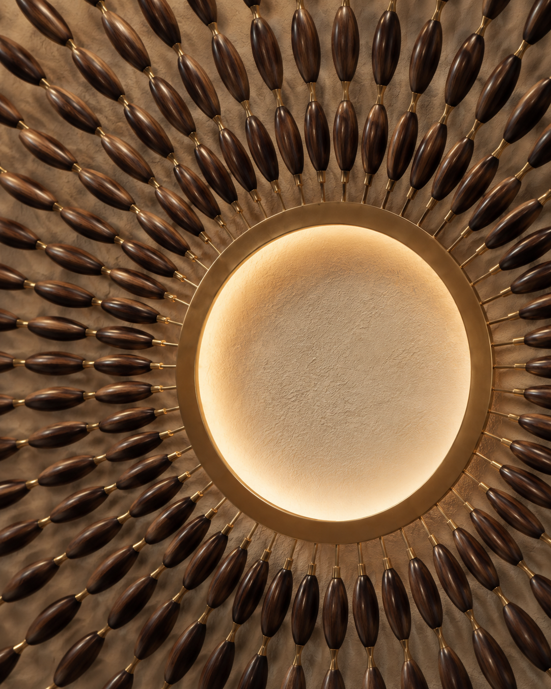108 Breaths commission by Sthuthi Art shown at 240 W × 240 H × 18 D cm, satin hand-oiled wood with warm diffused illumination