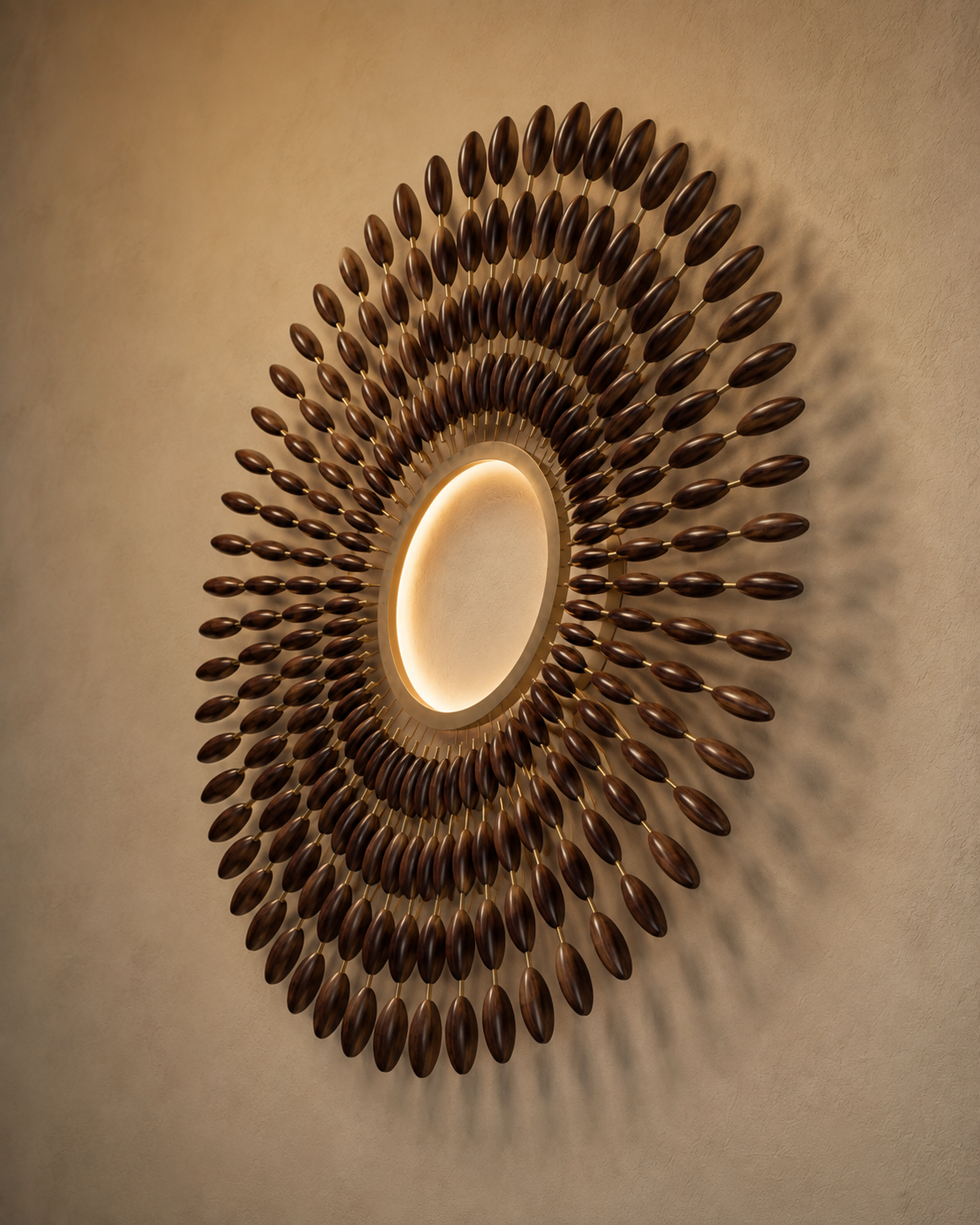 Close view of 108 Breaths, hand-finished brass pins; concealed metal mounting ring; dimmable driver
