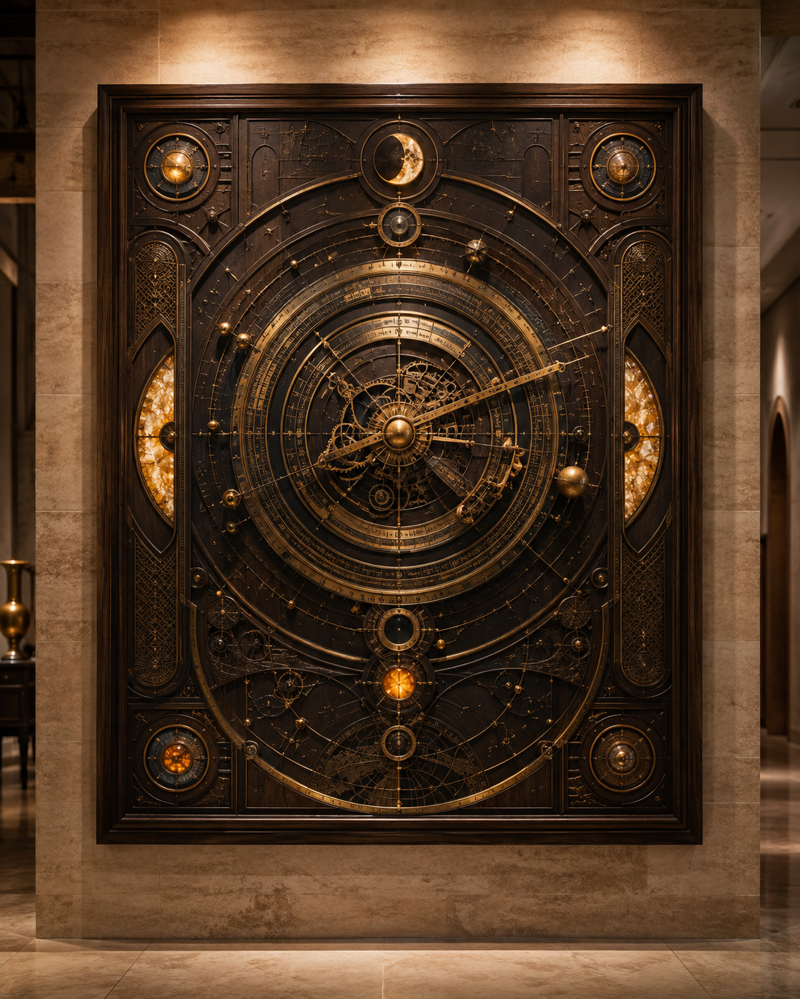 Carved wood wall sculpture with rotating brass rings showing moon phase and time