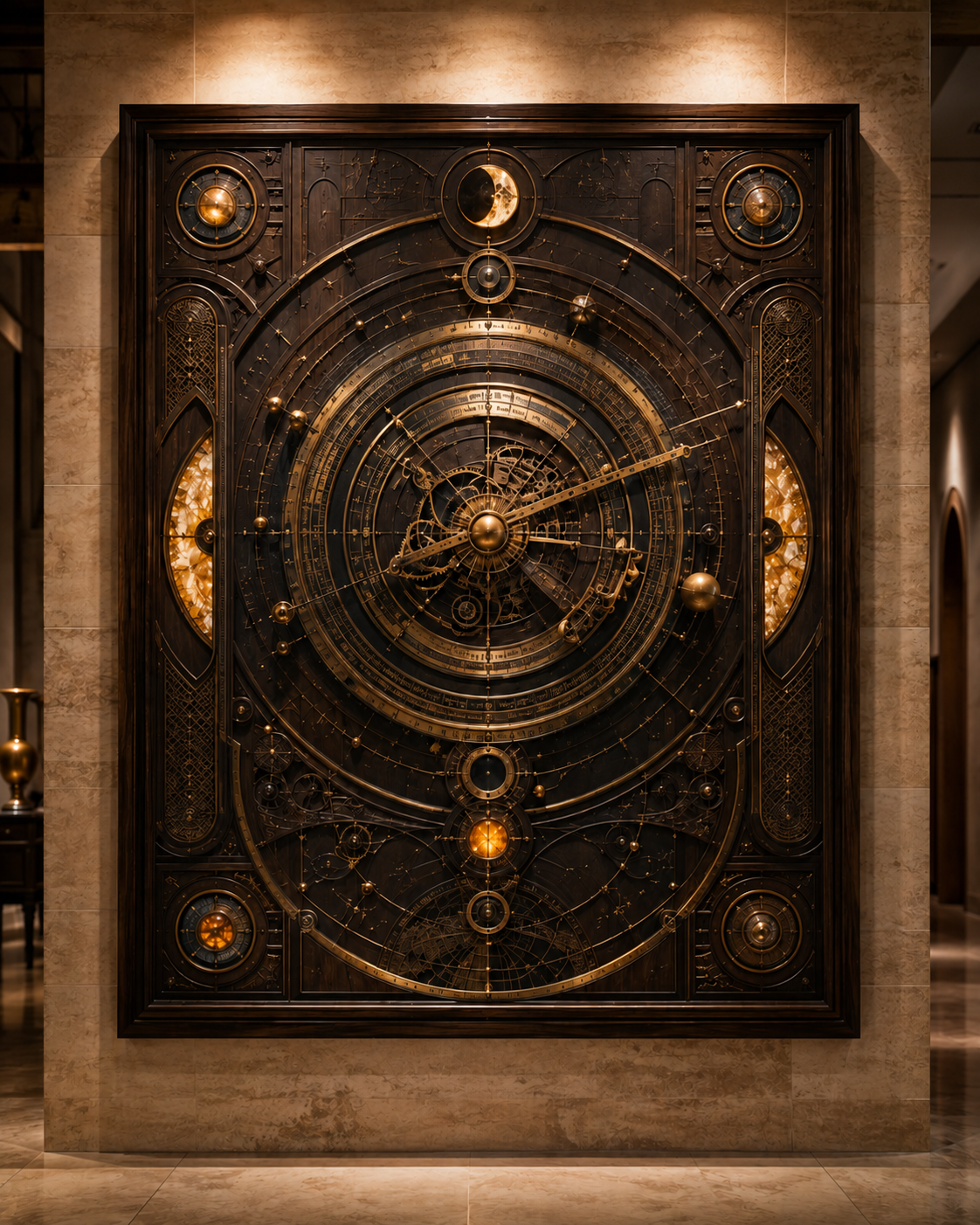 Celestial Mechanism — wall art with real moving brass parts that show moon phases and time in carved walnut; machined brass celestial rings and mechanisms, detail of the carved surface