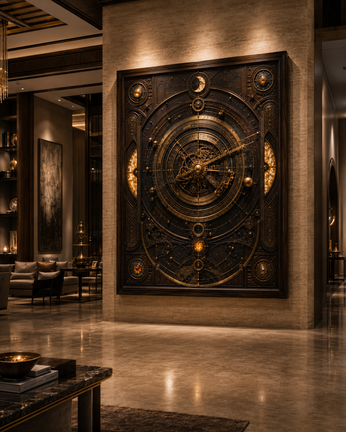 Celestial Mechanism commission by Sthuthi Art shown at 240 W × 300 H × 30 D cm, dark hand-oiled wood with hand-finished brass and optional patination