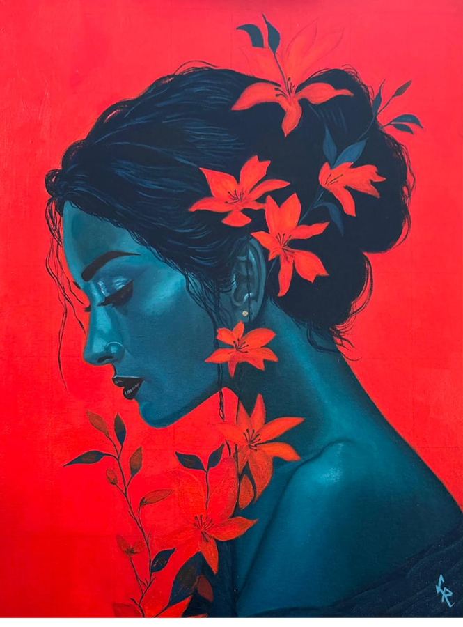 Woman in profile with teal skin and lilies in her hair, painted against a saturated red background