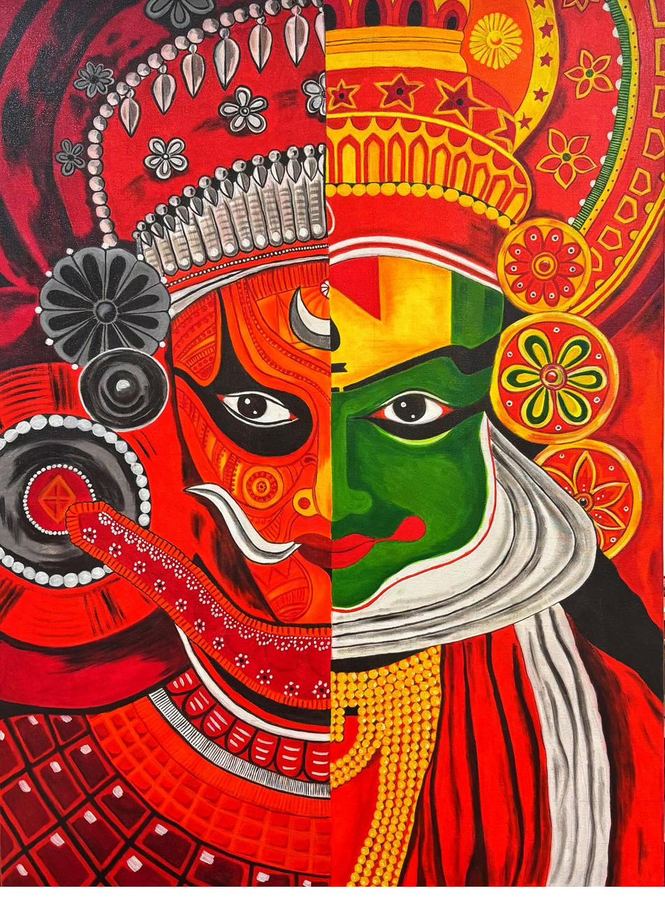 Split-face diptych of two Kerala Theyyam ritual styles in dense ornamental headdress detail