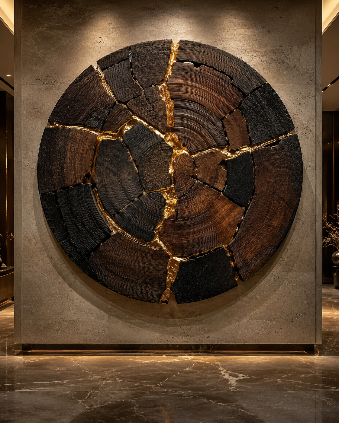 Circular carved wood wall sculpture broken and rejoined with glowing gold seams