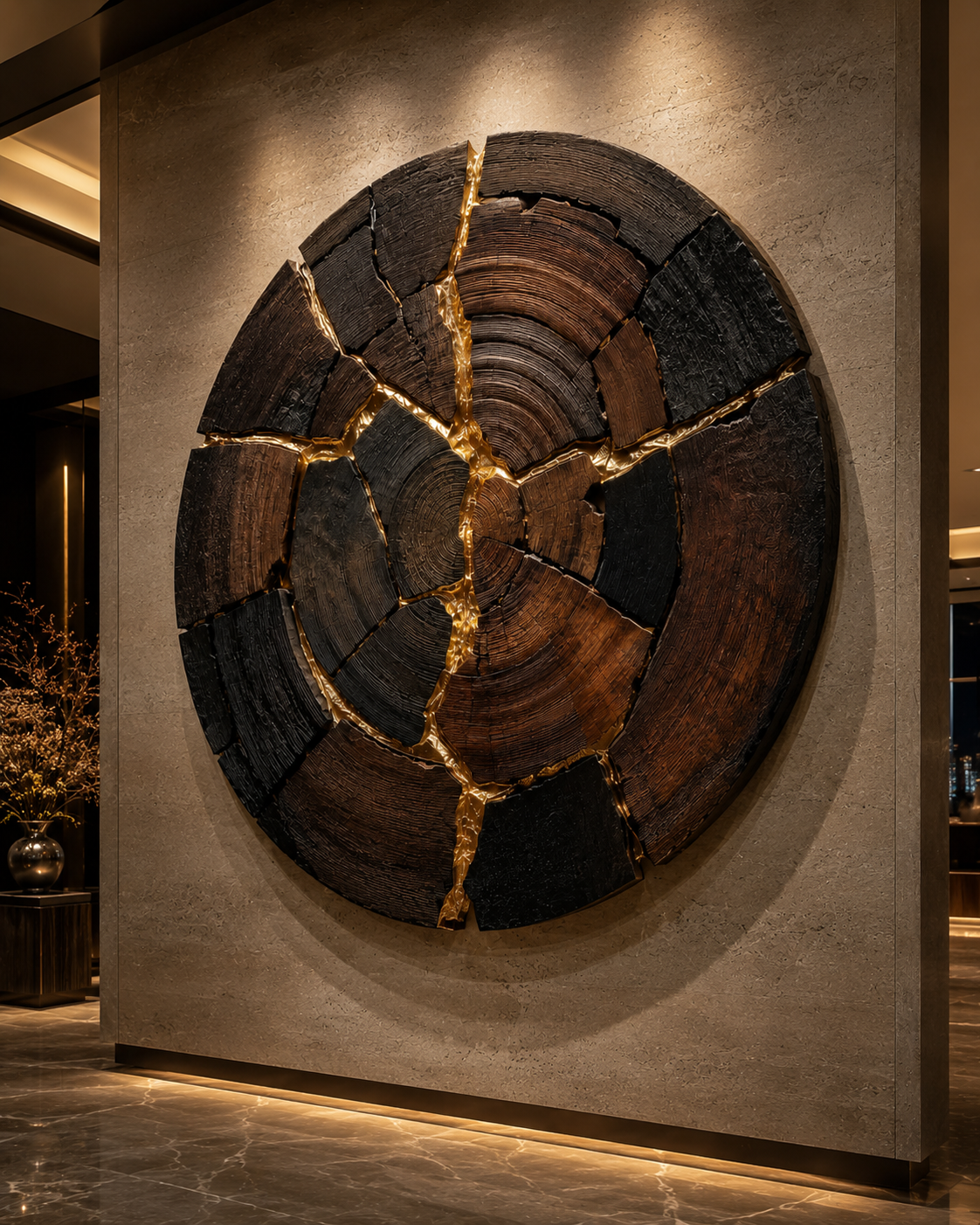 Kintsugi Samsara — round wood wall art broken and rejoined with gold in carved and charred hardwood segments, detail of the carved surface