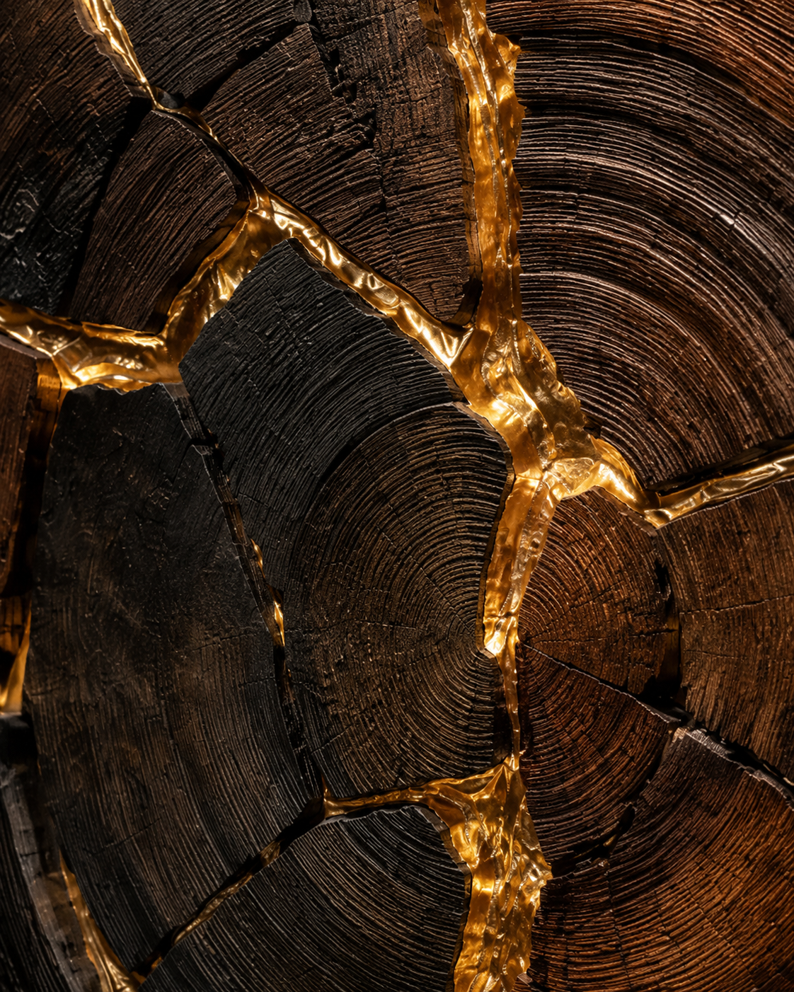 Kintsugi Samsara commission by Sthuthi Art shown at 240 cm diameter × 18 D cm, charred and hand-oiled timber with polished gold-toned fracture lines