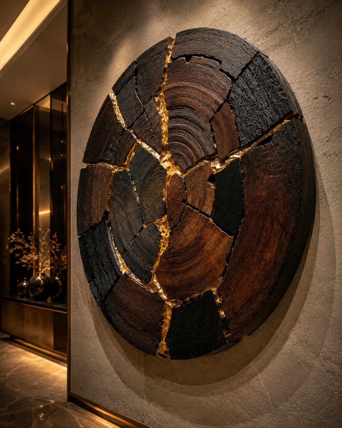 Close view of Kintsugi Samsara, hand-finished precious-metal or gold-finished seam system; concealed metal backplate; optional internal lighting