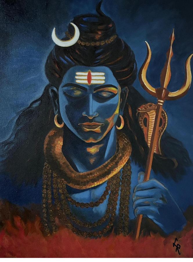 Shiva rendered in dramatic monochrome blue with trishul, serpent, and rudraksha mala