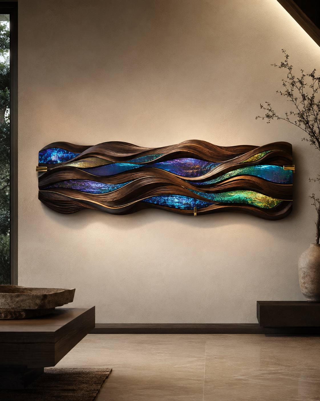 Dark carved wood wave sculpture with color-changing blue violet green and gold glass
