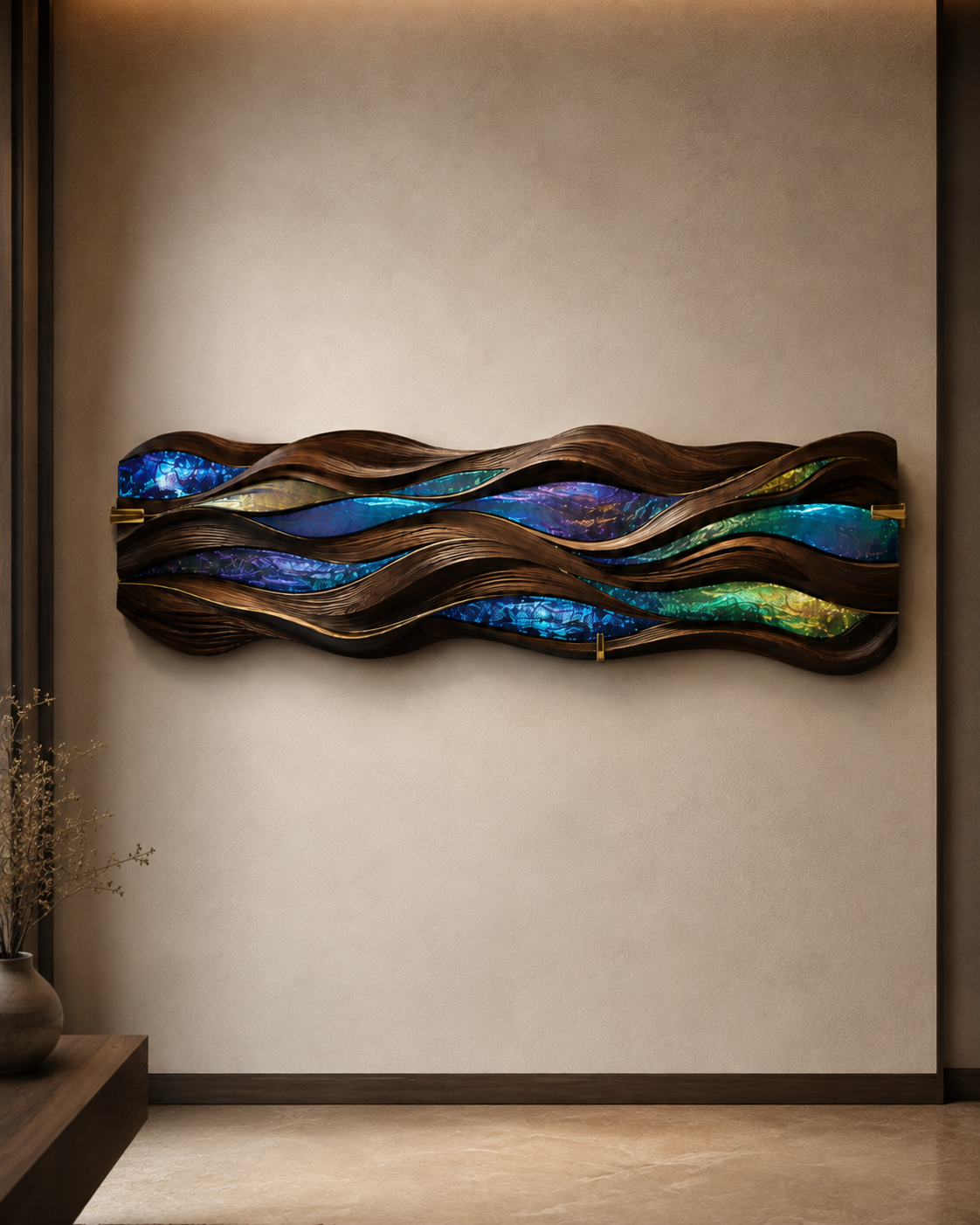 Monsoon / Aurora — wall art that changes color as you walk past it in carved teak or walnut wood; color-changing glass, detail of the carved surface