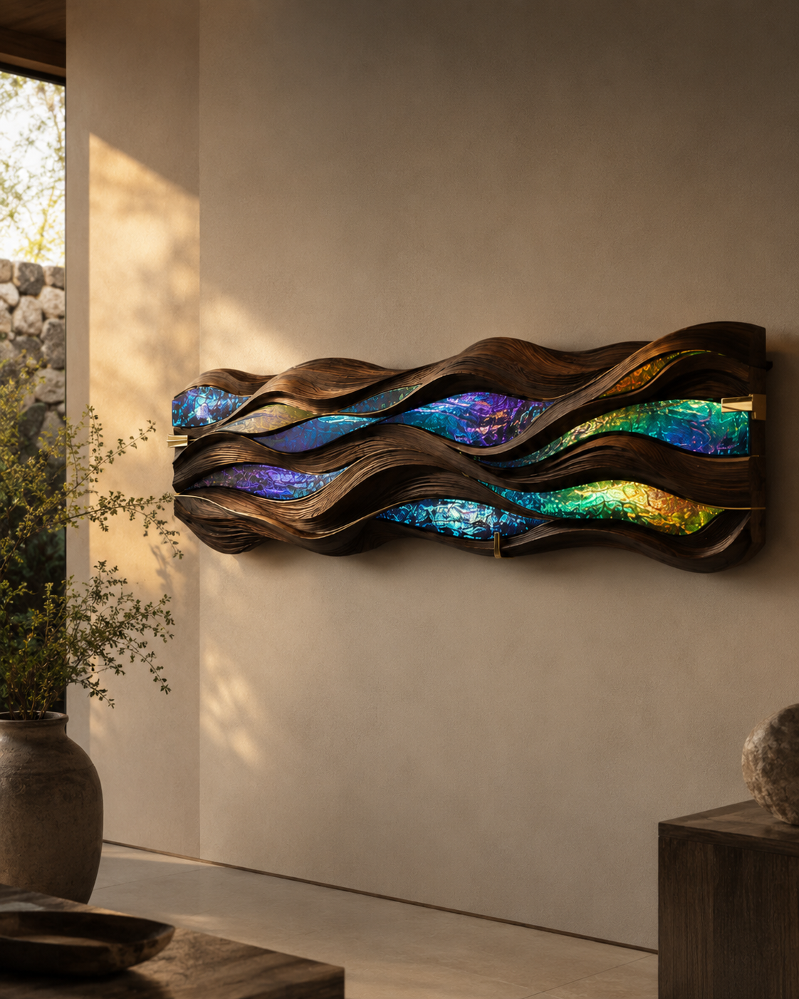 Monsoon / Aurora commission by Sthuthi Art shown at 260 W × 110 H × 18 D cm, deep hand-rubbed wood finish with polished colour-shifting glass