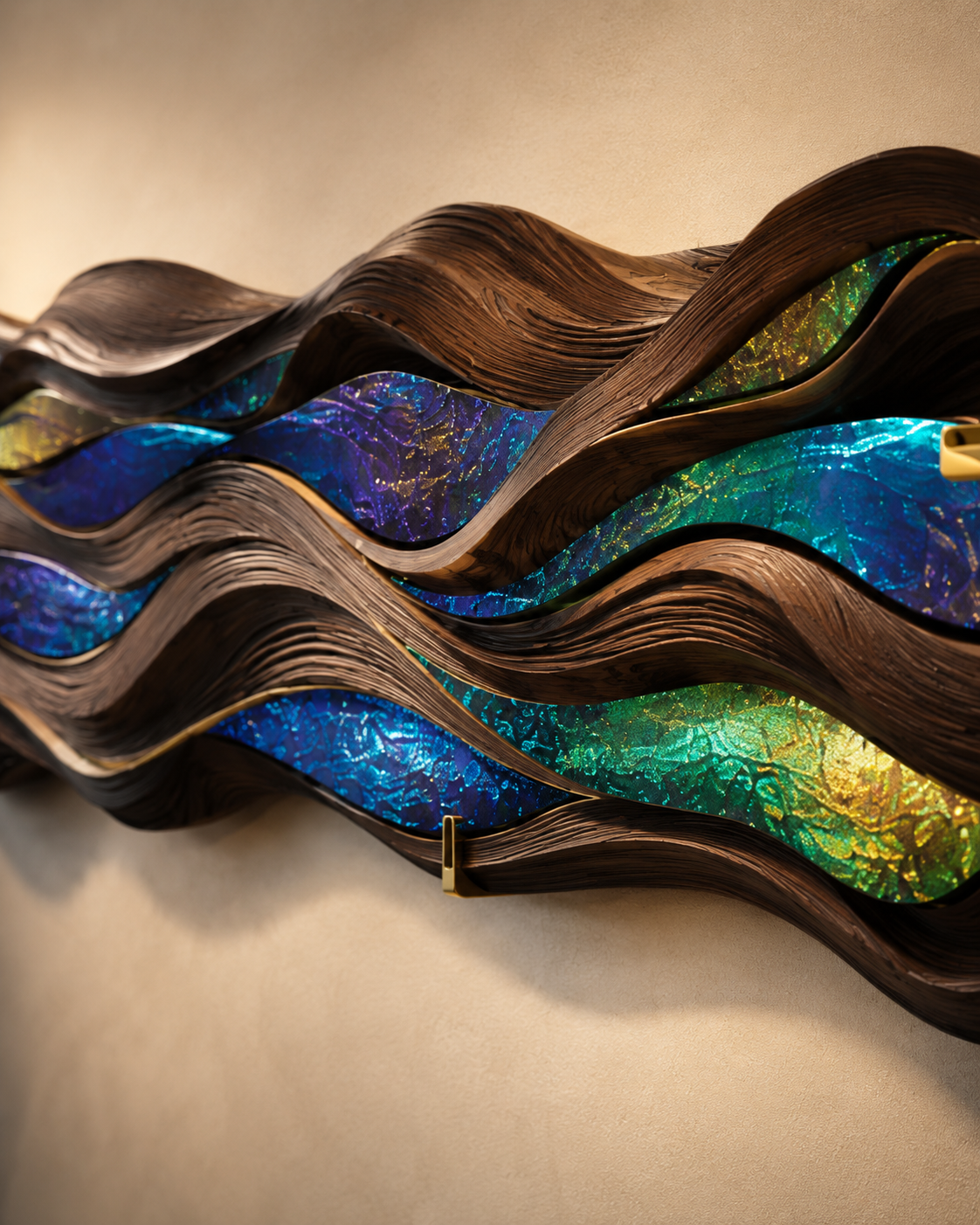 Close view of Monsoon / Aurora, hand-finished brass edge details; concealed mounting frame; optional low-voltage lighting