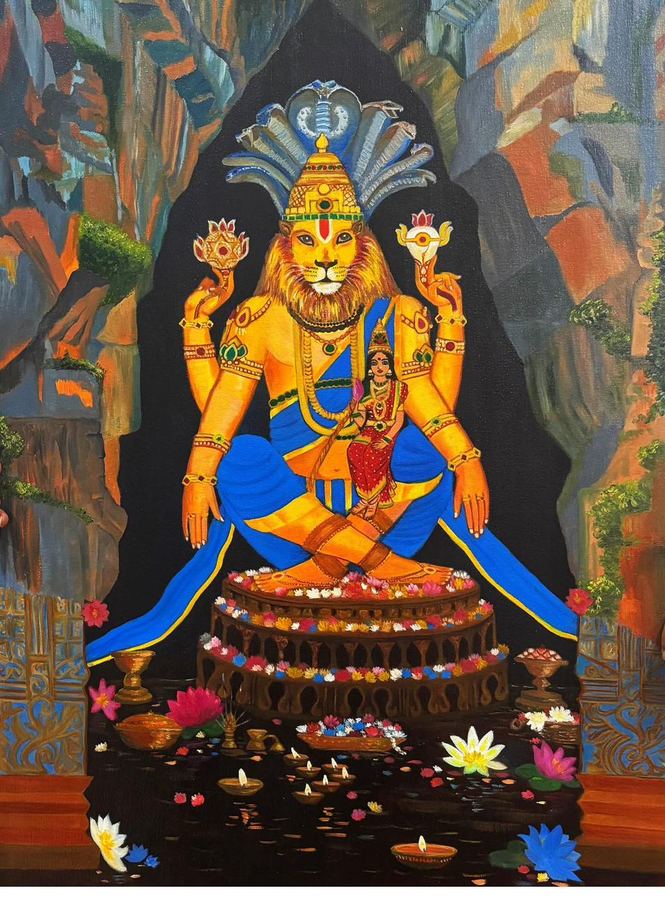 Narasimha the lion-headed deity with consort in a rock-hewn cave, diyas floating in water below