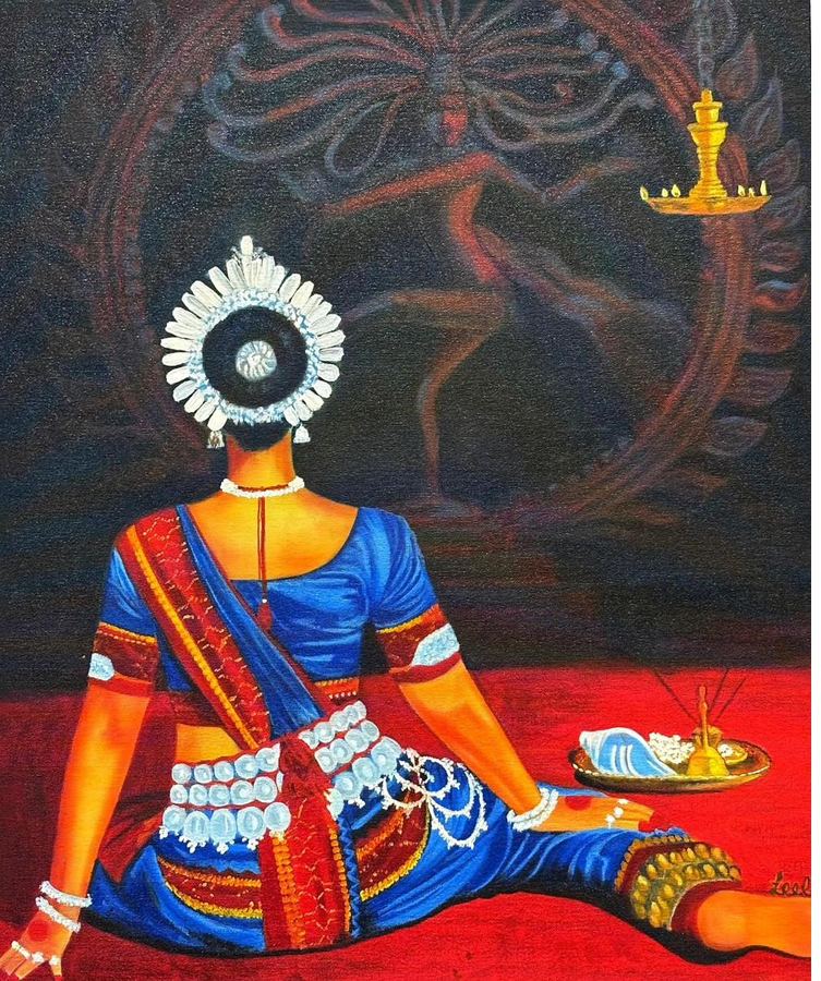 Odissi dancer seen from behind, facing a large painted Nataraja motif on the wall