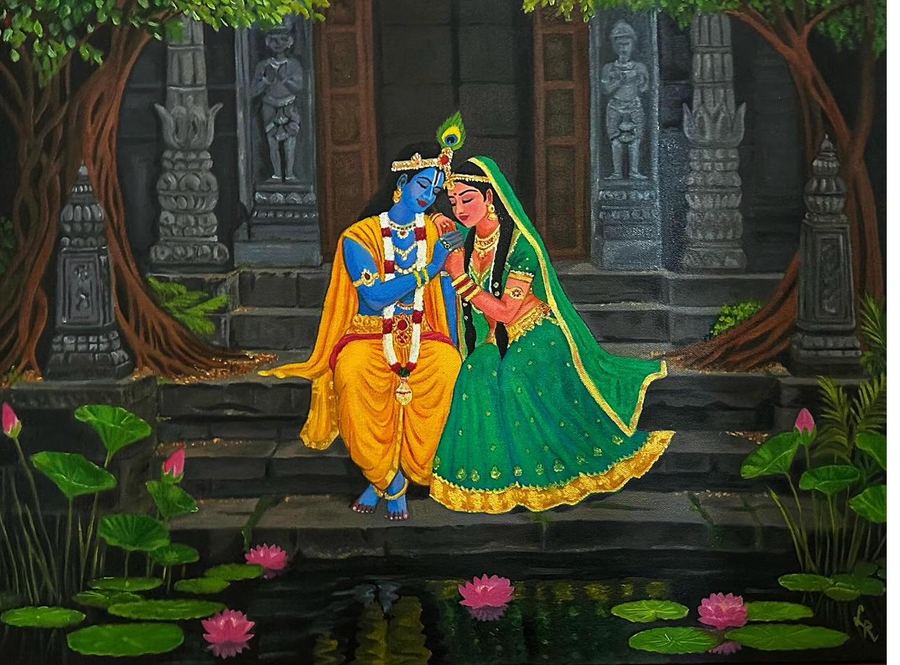 Radha and Krishna seated beside a lotus pond in front of carved temple architecture