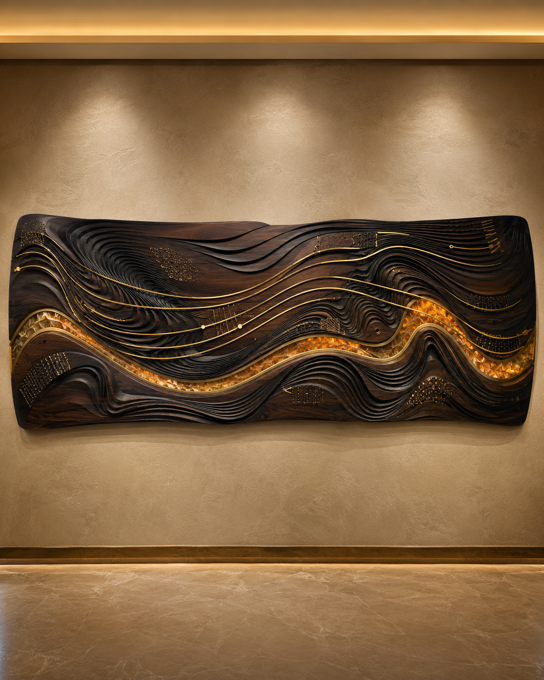 Flowing carved wood acoustic panel wall sculpture with brass detail