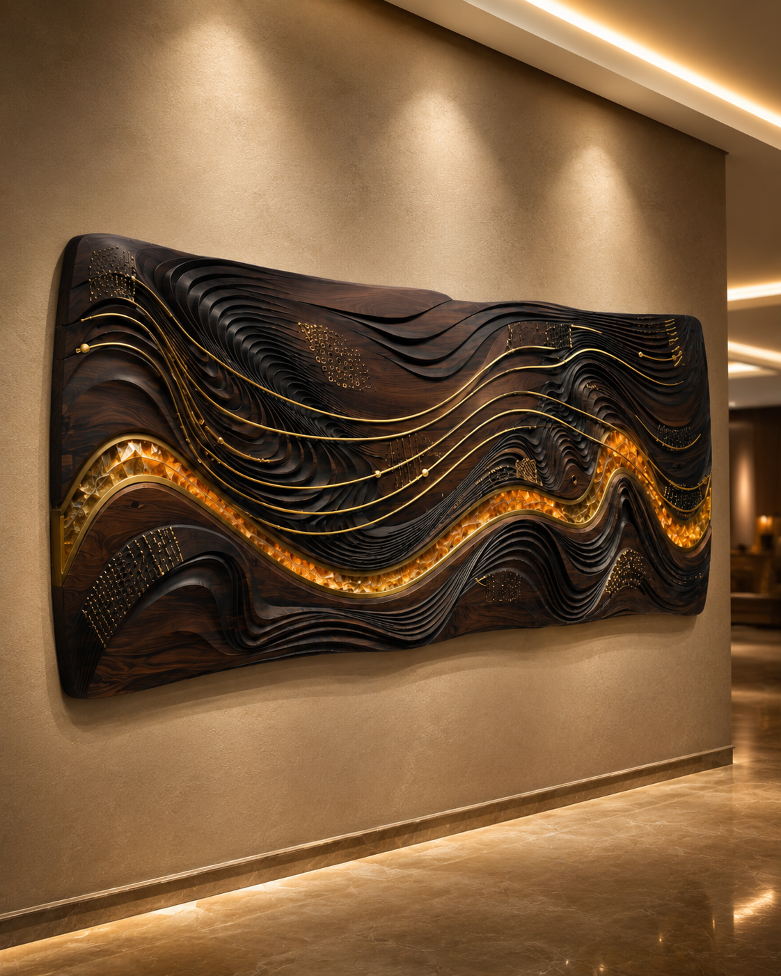 Raga / Resonance — wall art shaped by your favorite music, that also improves room sound in sculpted walnut or teak acoustic relief, detail of the carved surface