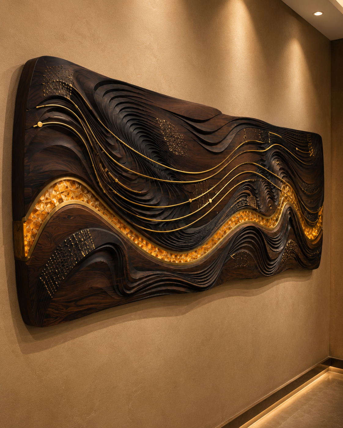 Close view of Raga / Resonance, hand-finished brass inlay; acoustic backing; concealed mounting system; optional illuminated translucent channel