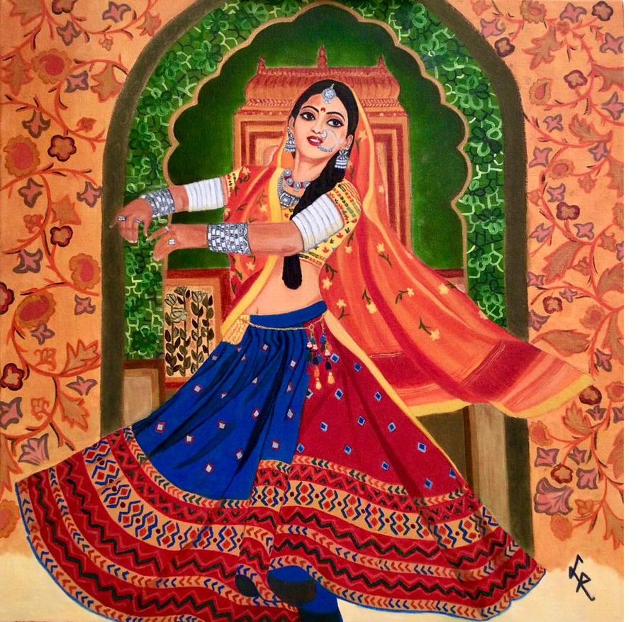 Rajasthani folk dancer mid-twirl in silver jewelry, framed by a painted archway