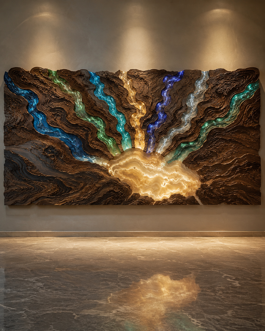 Carved wood wall sculpture with 7 glowing river-shaped light channels meeting at center