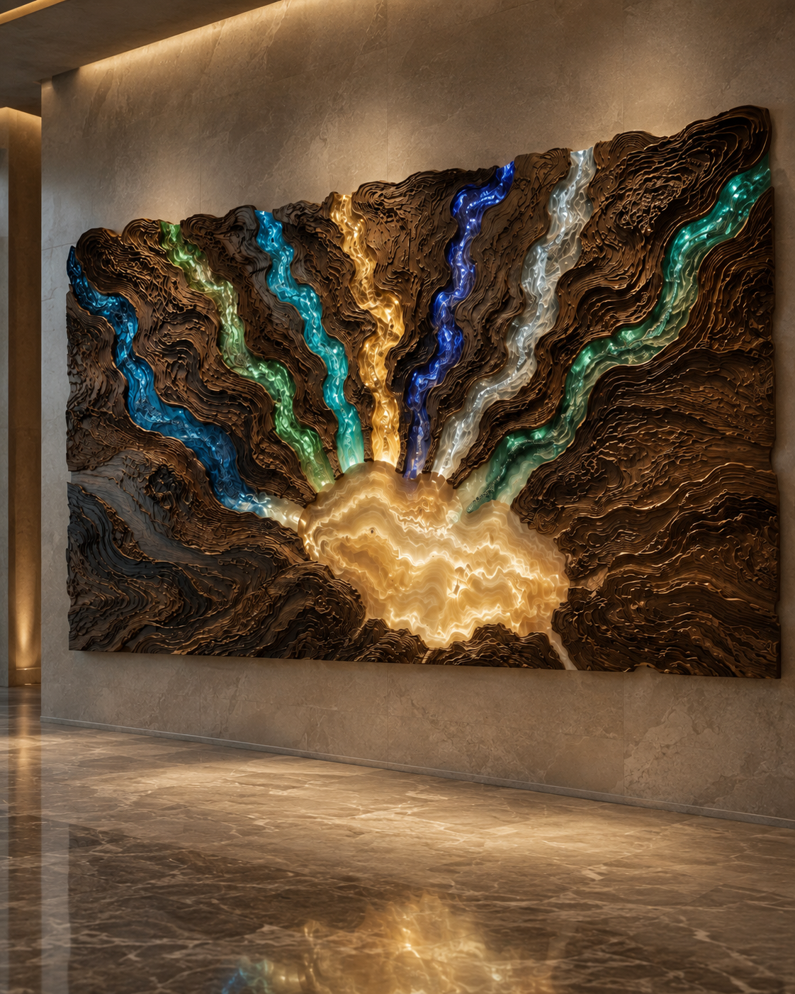 Seven Rivers / One Ocean — wall art with 7 glowing lines that all meet in the middle in carved walnut or teak; translucent onyx or cast glass channels, detail of the carved surface