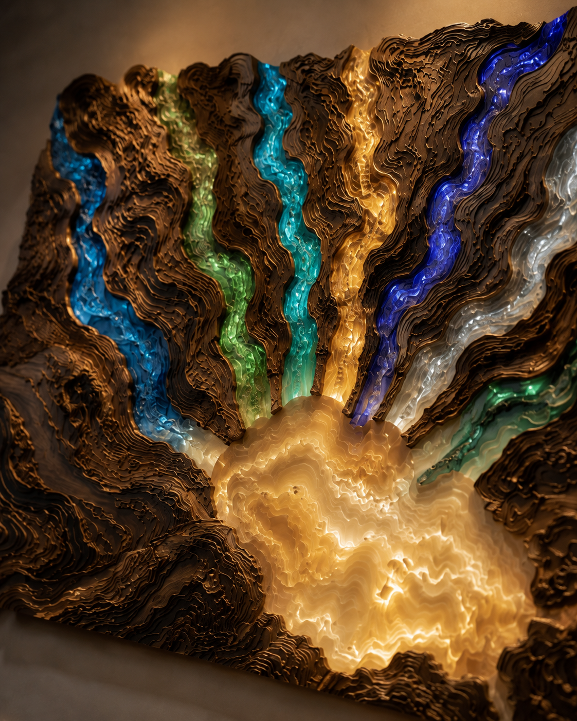 Seven Rivers / One Ocean commission by Sthuthi Art shown at 300 W × 180 H × 22 D cm, deep matte wood with polished translucent channels and warm illuminated centre