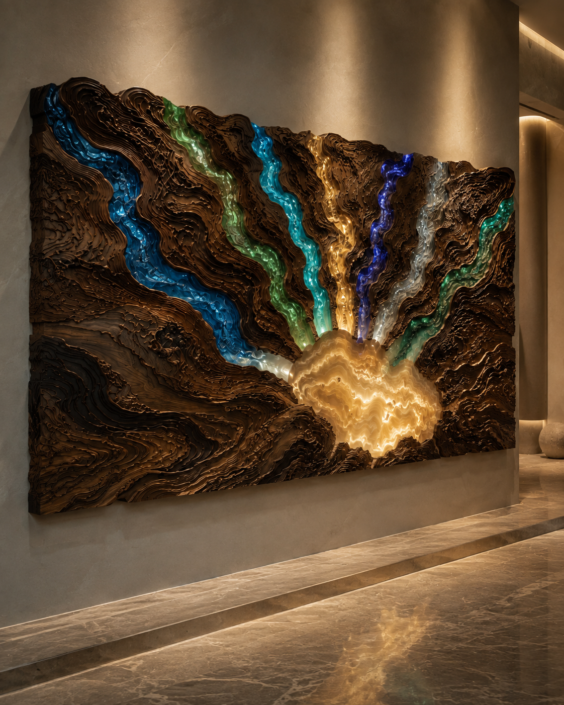 Close view of Seven Rivers / One Ocean, hand-finished programmable led lighting; brass detailing; concealed metal subframe