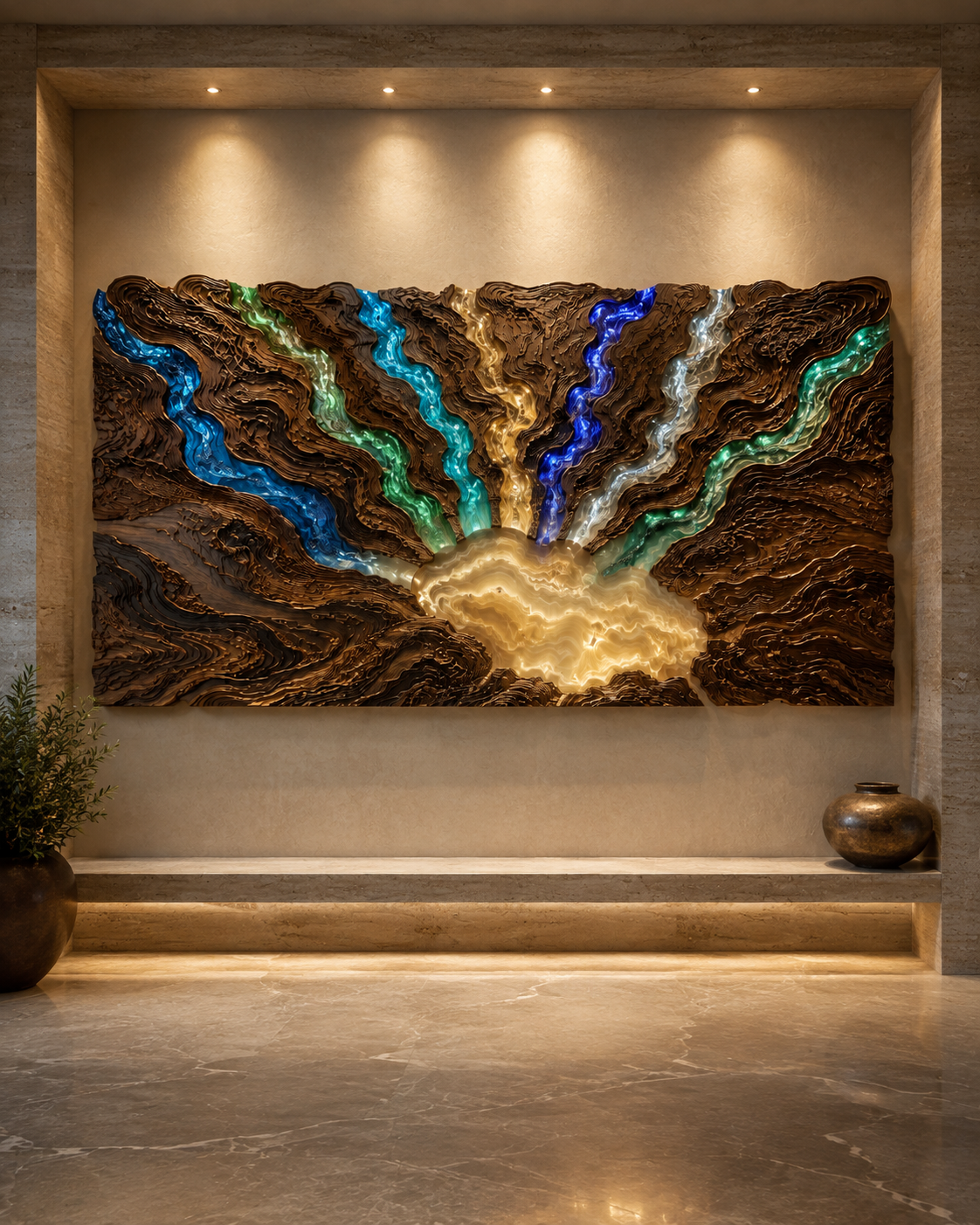 Seven Rivers / One Ocean wall sculpture as it would read in double-height residences