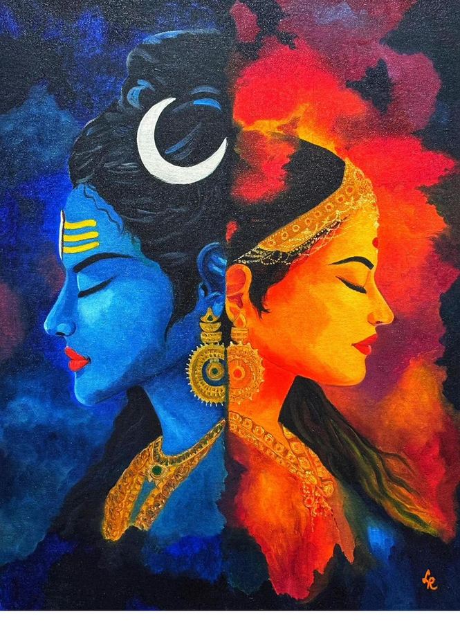 Split-profile composition of Shiva in blue and Parvati in warm orange-red, meeting at center