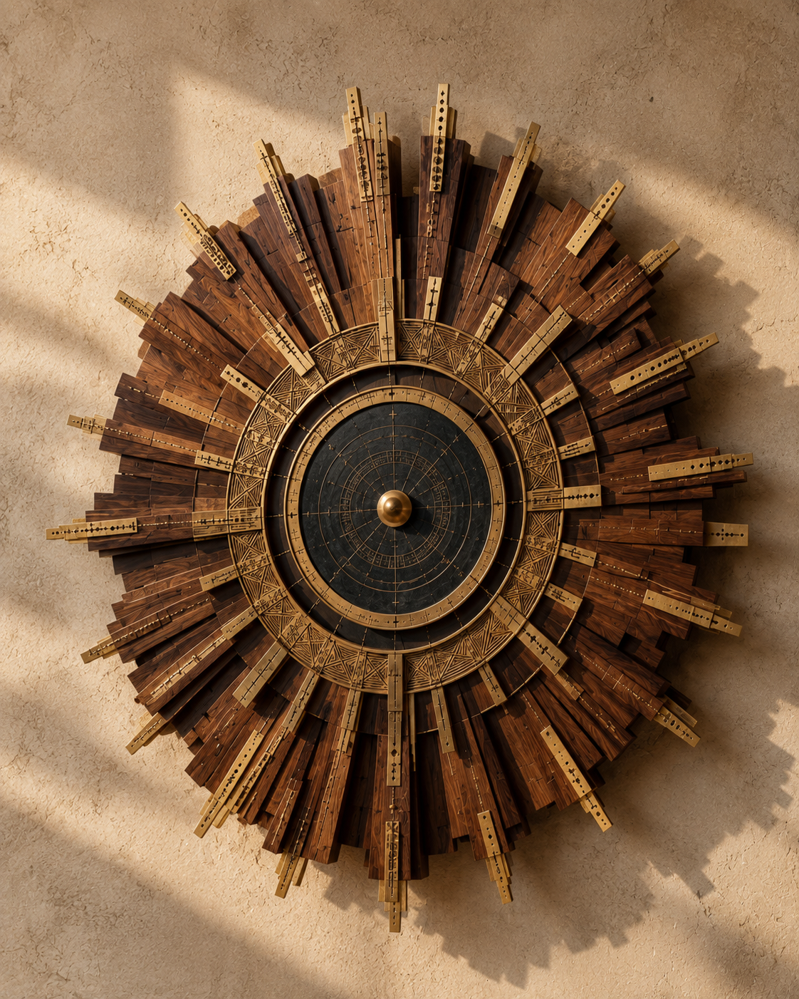 Solar Temple — wall sculpture whose shadow changes with the sun in carved walnut or teak; patinated brass, detail of the carved surface