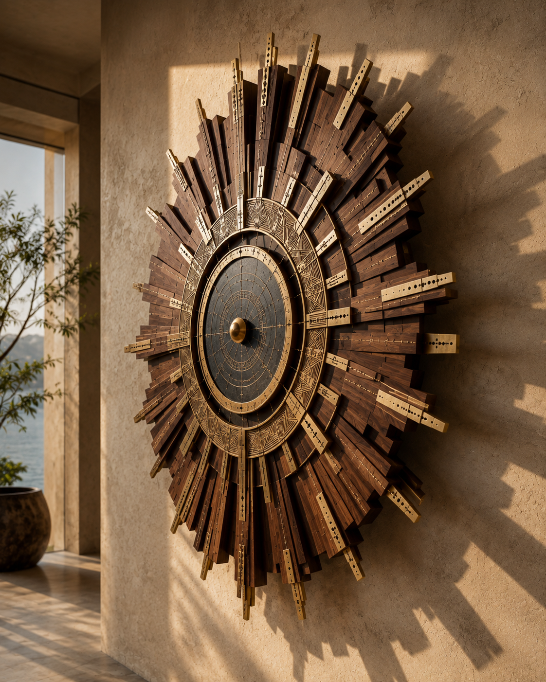 Solar Temple commission by Sthuthi Art shown at 220 W × 220 H × 28 D cm, natural hand-oiled wood with brushed or aged brass