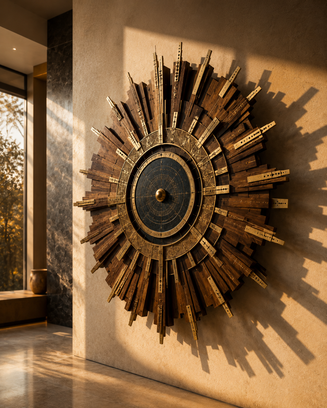 Close view of Solar Temple, hand-finished engineered metal subframe; optional stone centre