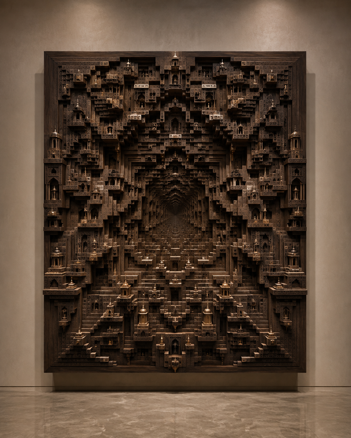 Deep carved wood relief wall sculpture with an optical illusion effect
