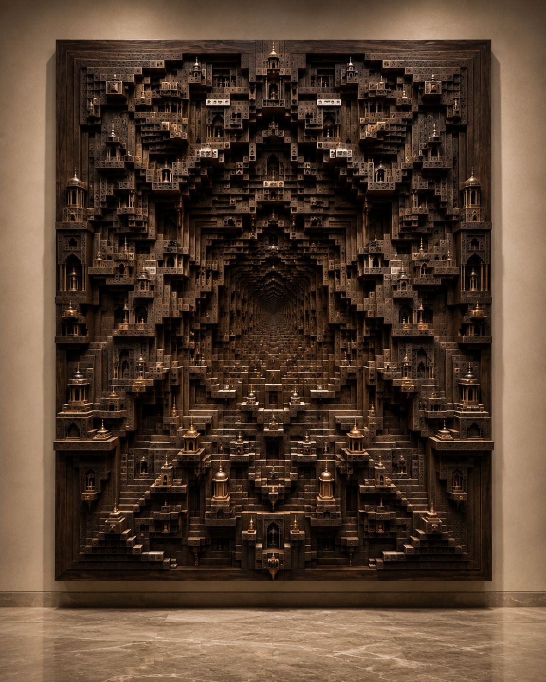 The Impossible City — deep carved wall art with an optical illusion in deep-carved walnut or teak relief, detail of the carved surface