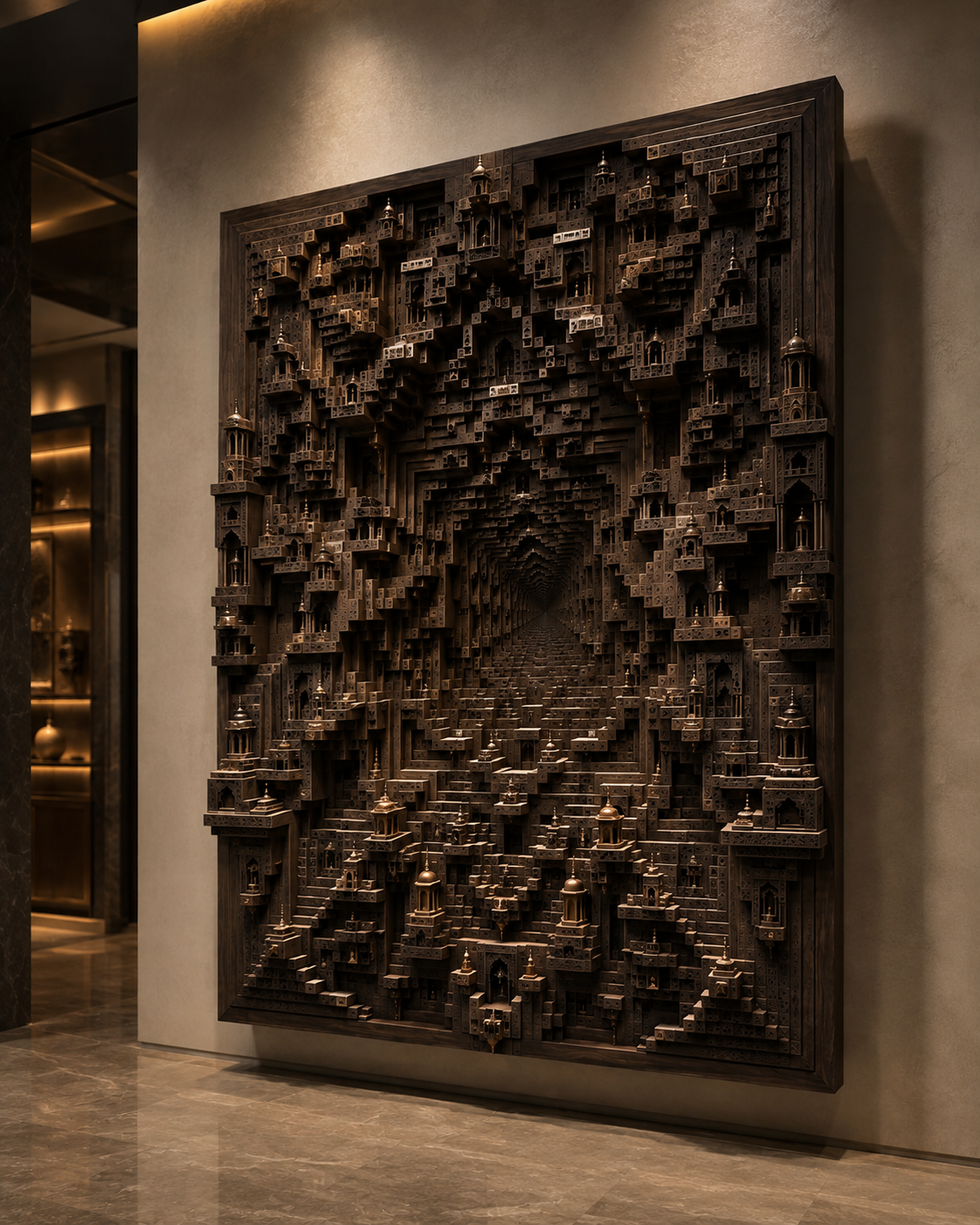 The Impossible City commission by Sthuthi Art shown at 220 W × 260 H × 18 D cm, dark hand-oiled wood with selective burnishing and antiqued-brass accents