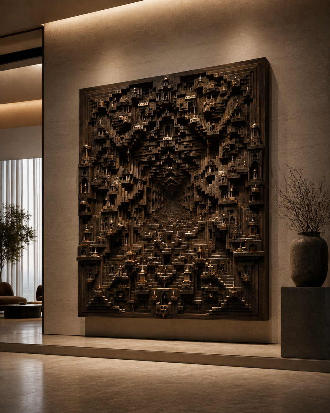 Close view of The Impossible City, hand-finished brass highlights; concealed structural backplate; optional integrated lighting