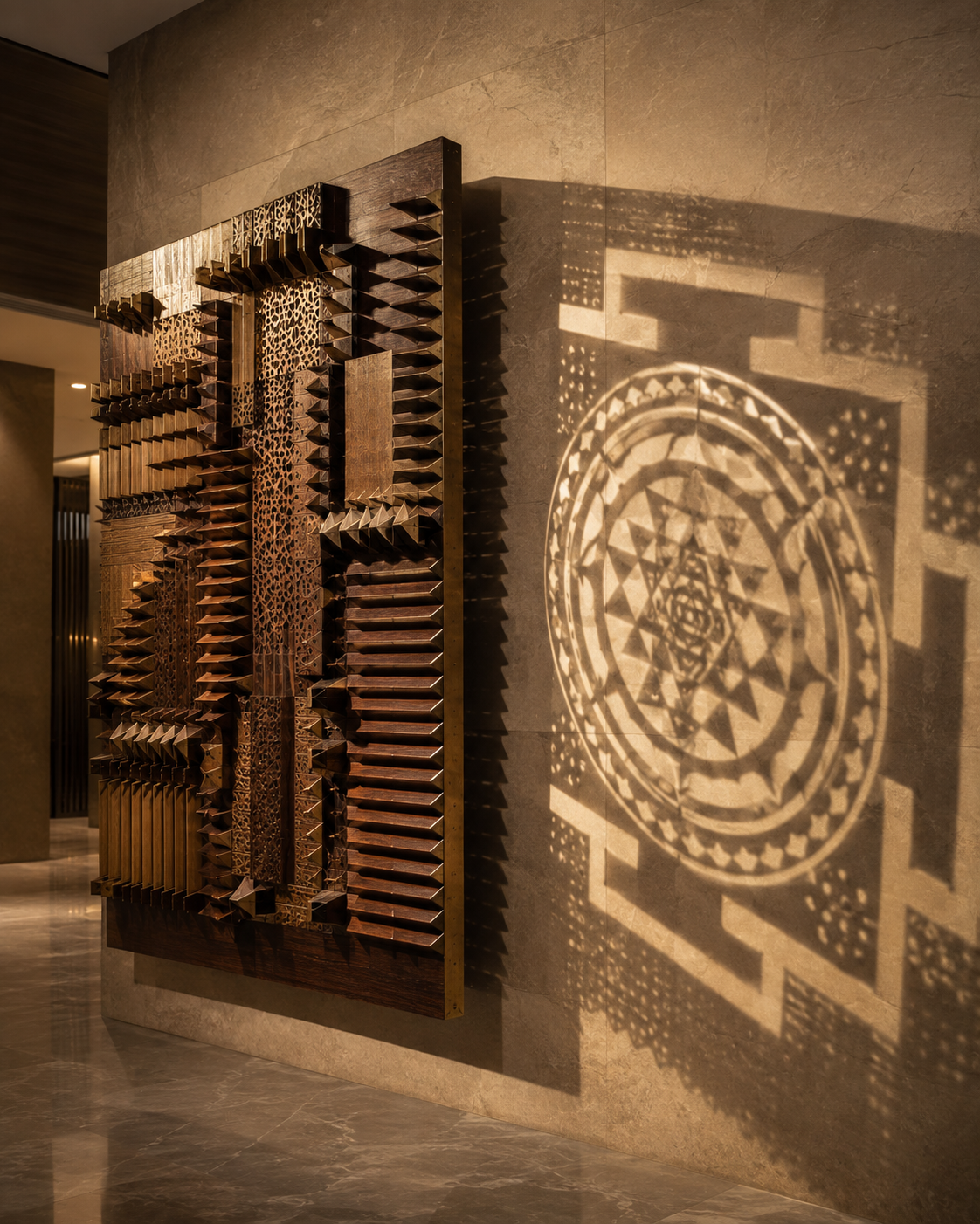 Abstract carved wood sculpture that casts a hidden symbol-shaped shadow in sunlight