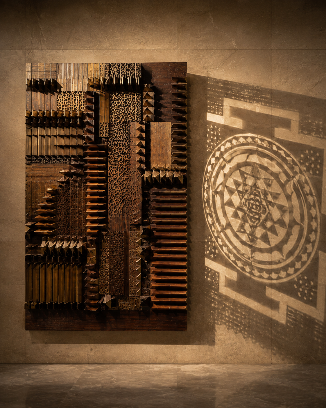 The Shadow Language — wall art with a secret message that only shows up in sunlight in carved walnut or teak fins and carved lattice panels, detail of the carved surface