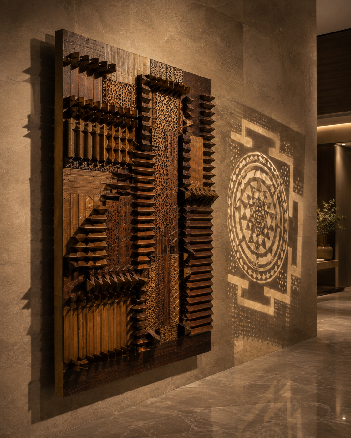 The Shadow Language commission by Sthuthi Art shown at 180 W × 240 H × 28 D cm, hand-oiled wood with aged-brass perimeter details
