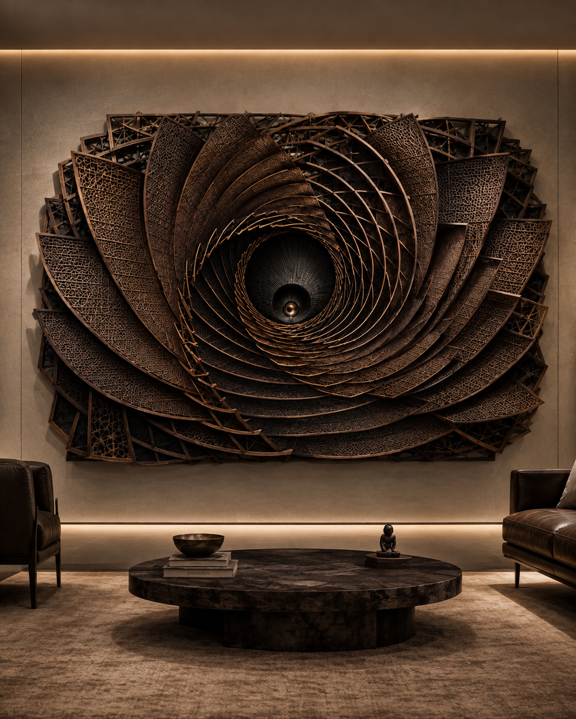 The Silence Engine — carved wood wall art that also blocks noise in carved walnut or teak fins; engineered acoustic core, detail of the carved surface