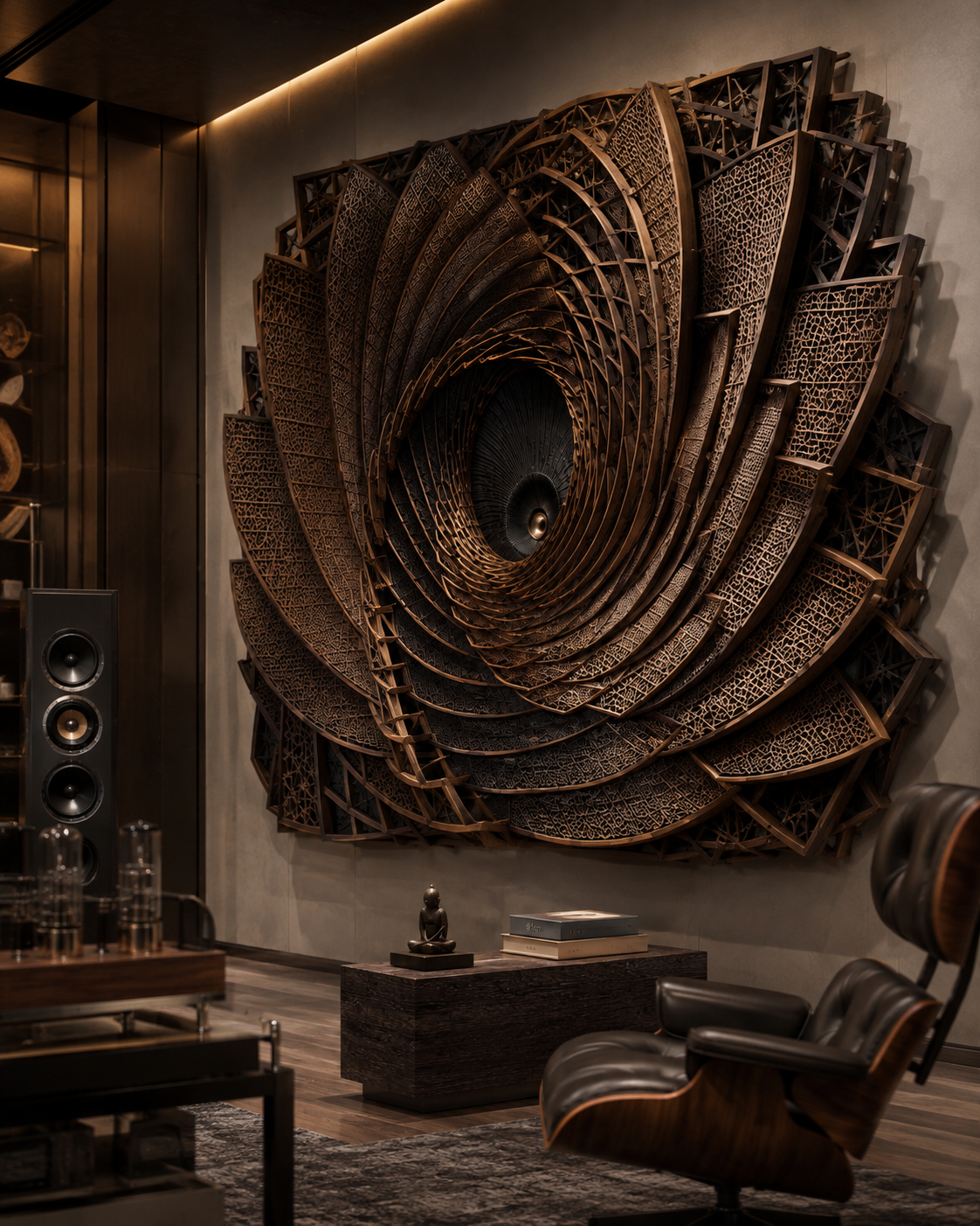 The Silence Engine commission by Sthuthi Art shown at 305 W × 180 H × 24 D cm, hand-oiled matte wood with optional antiqued-brass accents