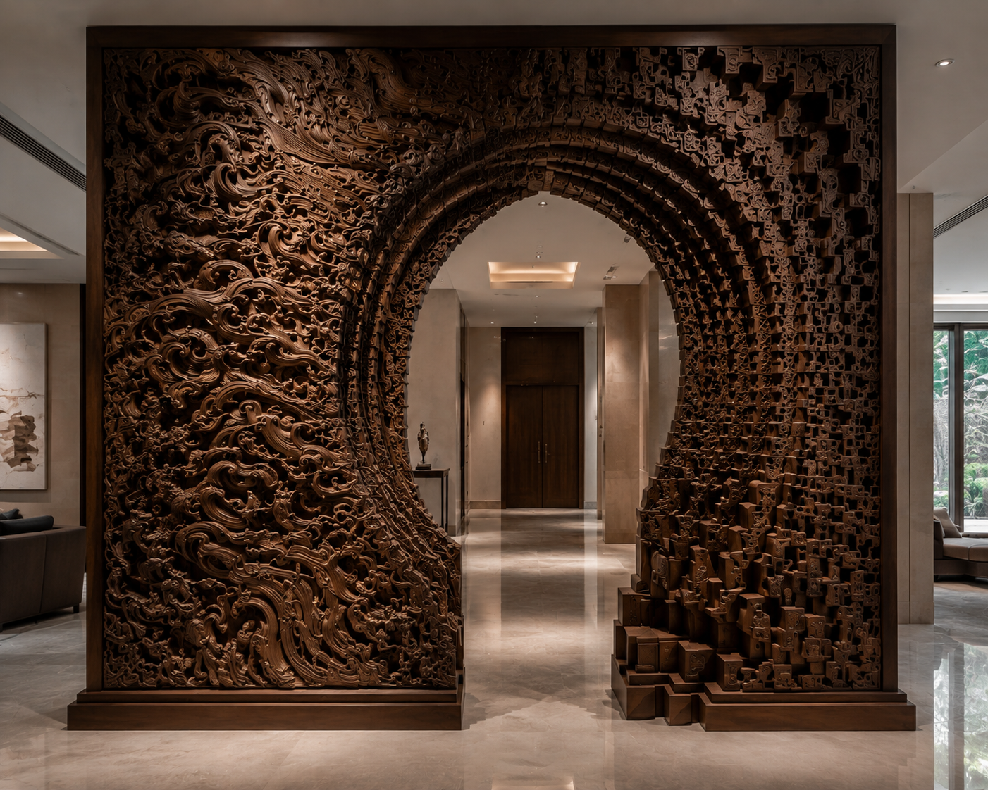 Large carved wood walk-through portal sculpture in a home entryway