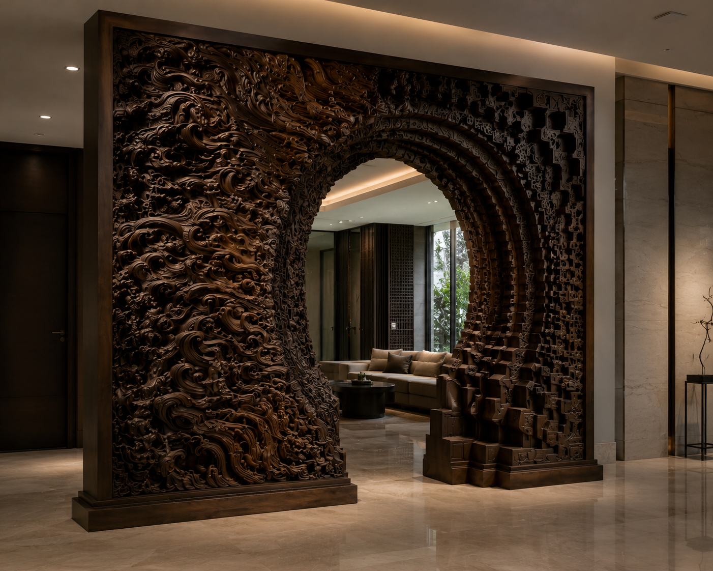 The Threshold — large carved doorway you can walk through in carved teak or walnut; engineered structural core, detail of the carved surface