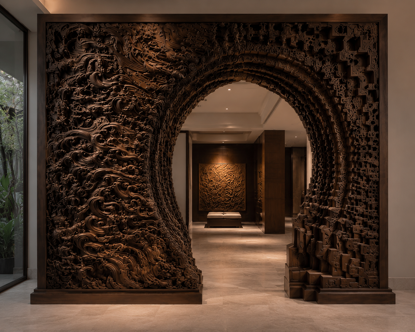 The Threshold commission by Sthuthi Art shown at 320 W × 300 H × 45 D cm, hand-carved and oil-finished wood with optional aged-metal details