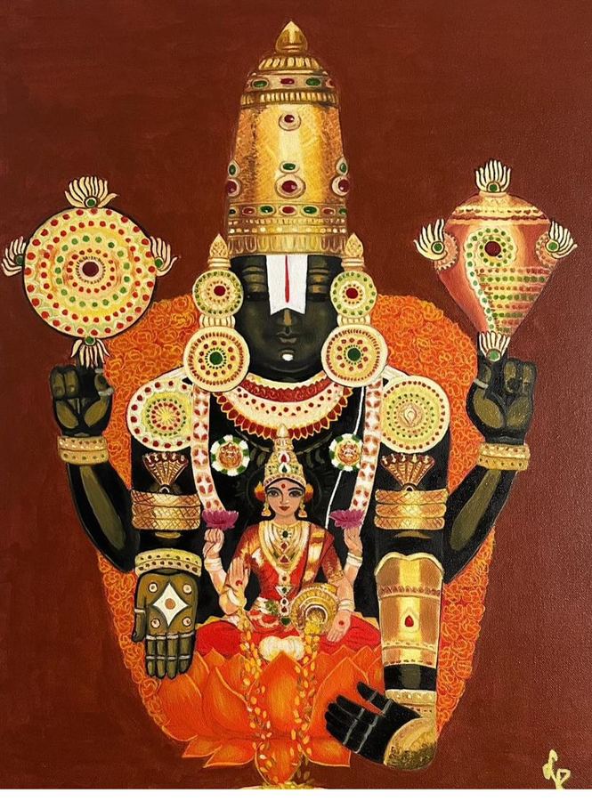 Lord Venkateswara Swamy with consort, richly detailed gold jewelry against a maroon ground