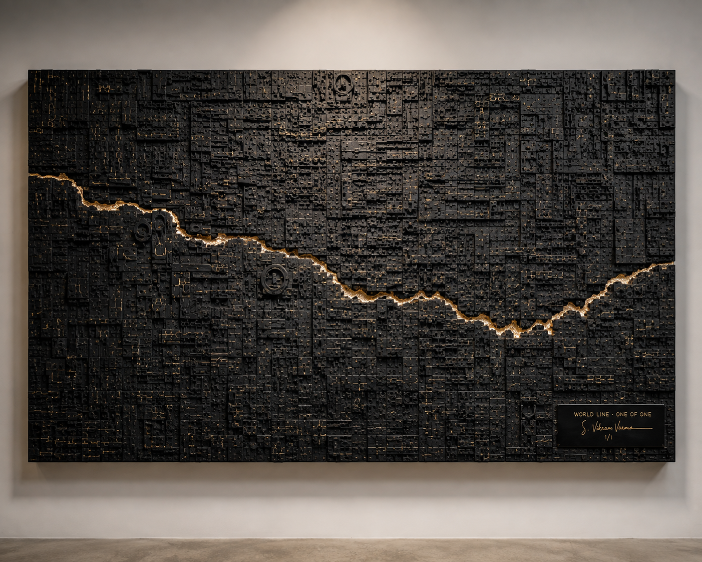 Worldline — One of One — wall art made from your own life story in carved hardwood landscape, detail of the carved surface